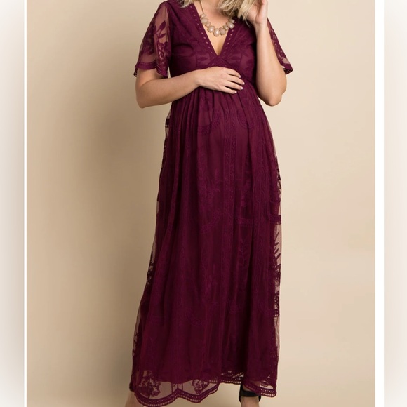 Pinkblush Maternity Lace Burgundy Maxi Dress - Picture 1 of 5